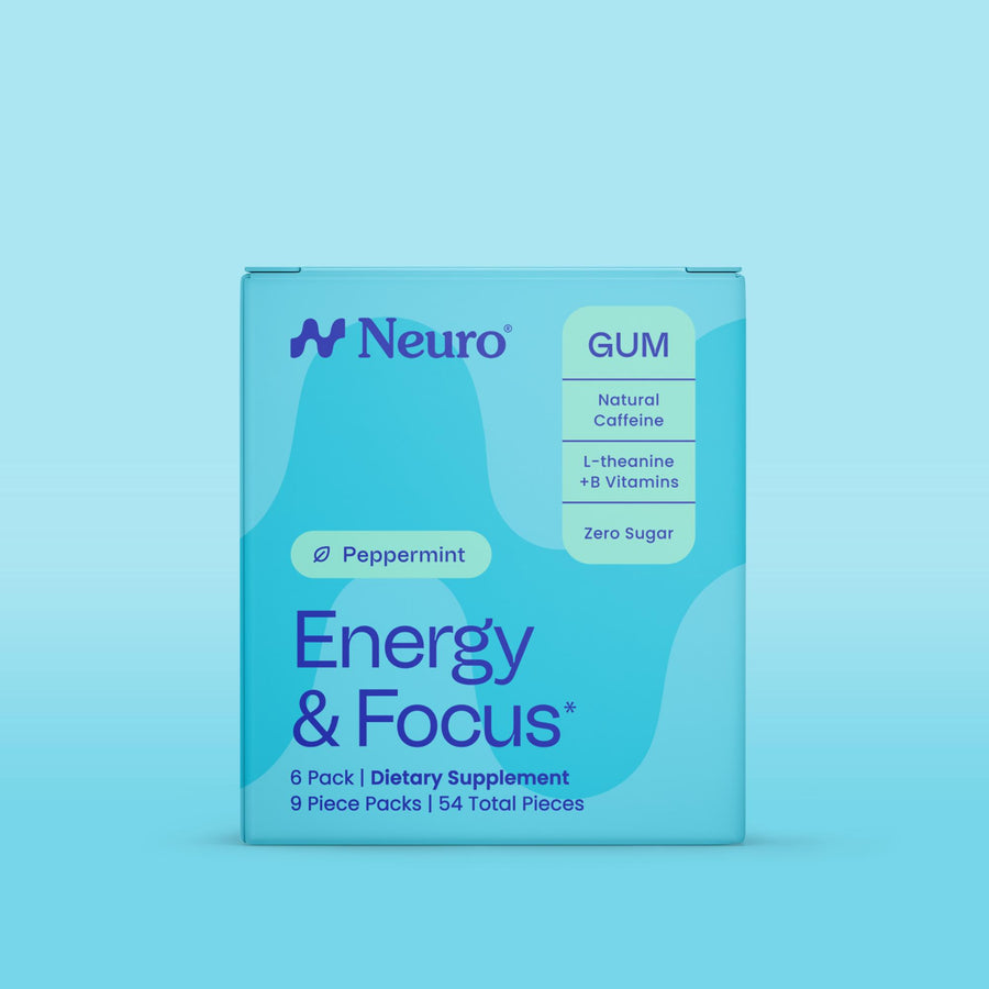 Neuro Energy and Focus gum in turquoise packaging