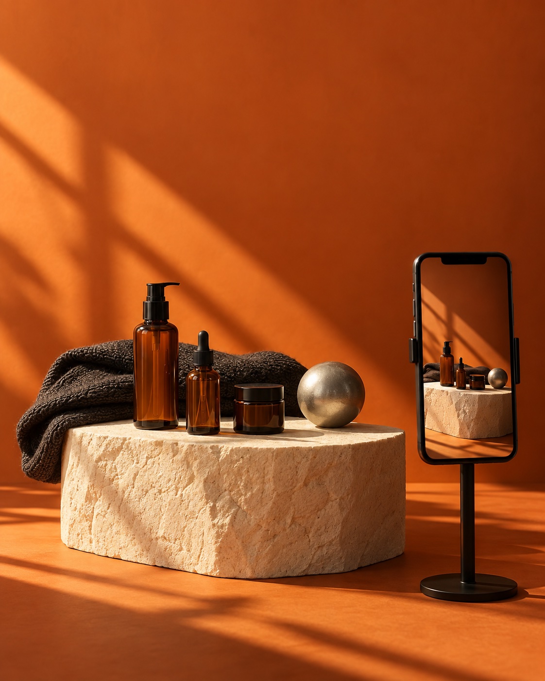 Creative concept showing beauty products beside a filming phone