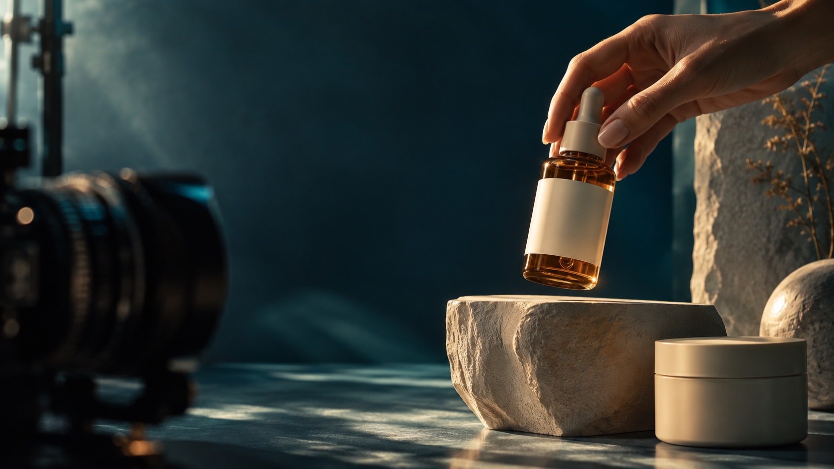 Studio concept: an amber beauty bottle demonstrated on a sculptural stone set